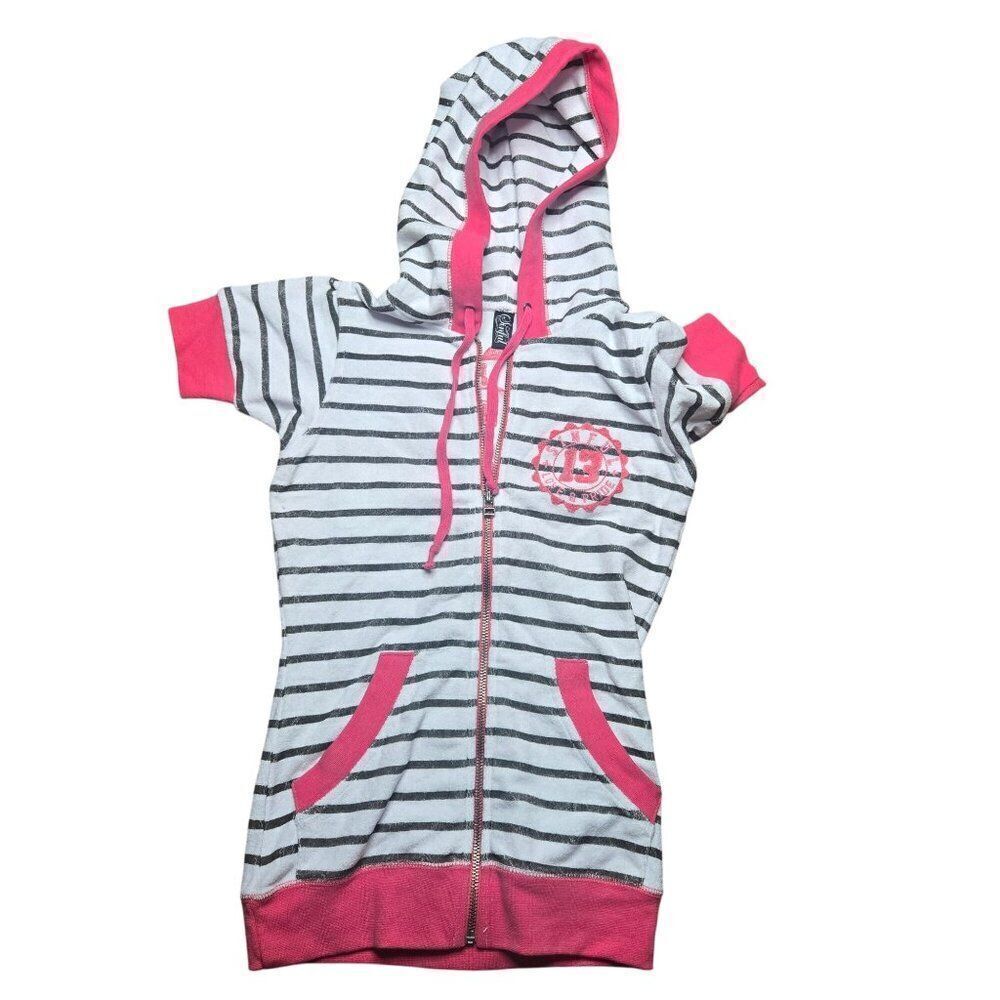 Sinful Affliction Hooded Full Zip Striped Short Sleeve Hoodie Pink Gray Womens X